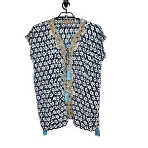 Skemo Womens Ikat Beaded Embellished Tunic Kaftan Sz Large Blue Tassels Coverup